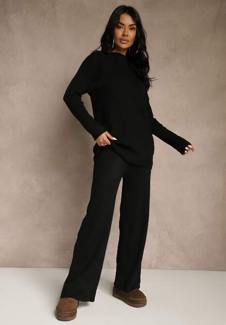 Czarny Komplet z Wełną i Bawełną Szerokie Spodnie i Sweter o Długim Kroju Reilissa