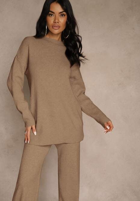 Ciemnobeżowy Komplet z Wełną i Bawełną Szerokie Spodnie i Sweter o Długim Kroju Reilissa 4