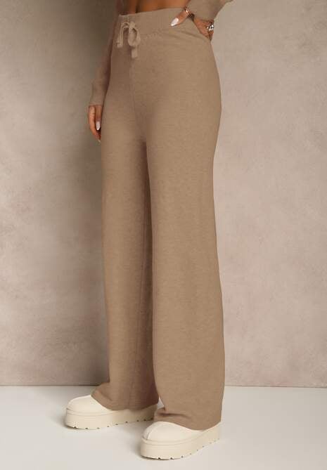 Ciemnobeżowy Komplet z Wełną i Bawełną Szerokie Spodnie i Sweter o Długim Kroju Reilissa 5
