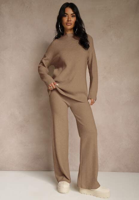 Ciemnobeżowy Komplet z Wełną i Bawełną Szerokie Spodnie i Sweter o Długim Kroju Reilissa