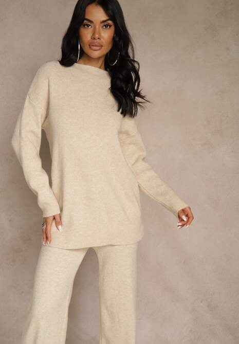 Beżowy Komplet z Wełną i Bawełną Szerokie Spodnie i Sweter o Długim Kroju Reilissa 4