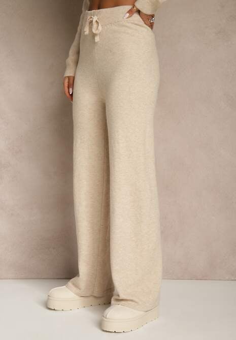 Beżowy Komplet z Wełną i Bawełną Szerokie Spodnie i Sweter o Długim Kroju Reilissa 5