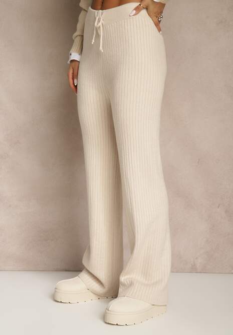Jasnobeżowe Szerokie Spodnie z Wełną 	High Waist z Prążkowanego Materiału Reinna 4