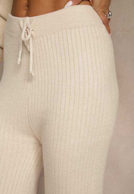 Jasnobeżowe Szerokie Spodnie z Wełną 	High Waist z Prążkowanego Materiału Reinna 5