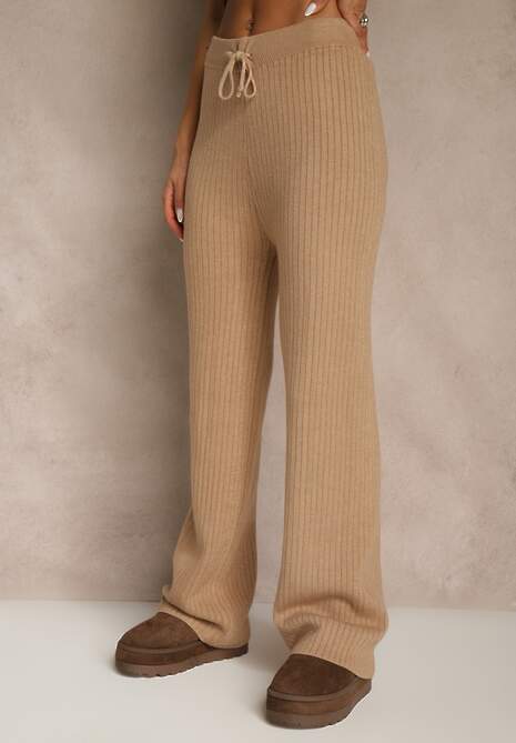 Beżowe Szerokie Spodnie z Wełną 	High Waist z Prążkowanego Materiału Reinna 4