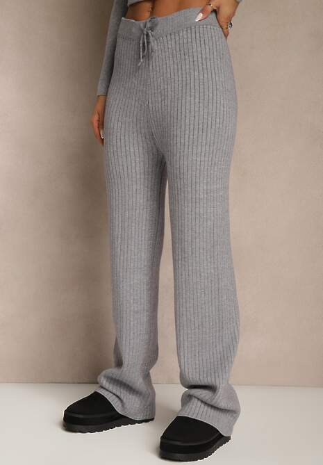 Szare Szerokie Spodnie z Wełną 	High Waist z Prążkowanego Materiału Reinna 4