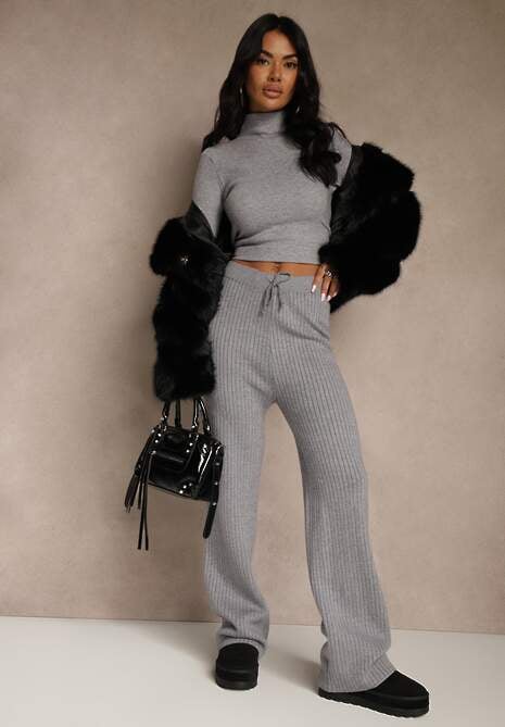 Szare Szerokie Spodnie z Wełną 	High Waist z Prążkowanego Materiału Reinna