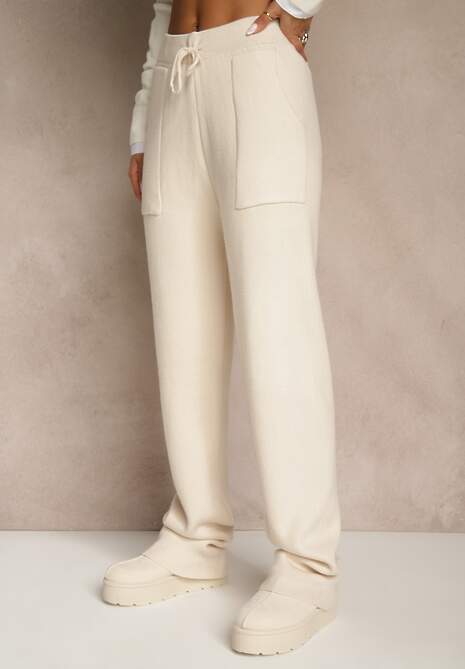 Beżowe Spodnie z Wełną ze Sznurkiem i Ozdobnymi Kieszeniami Moneressa 4