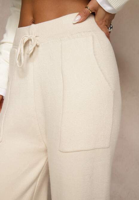 Beżowe Spodnie z Wełną ze Sznurkiem i Ozdobnymi Kieszeniami Moneressa 5