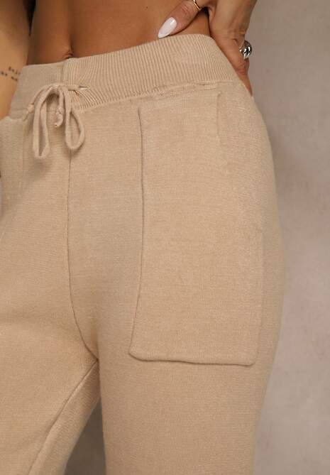 Ciemnobeżowe Spodnie z Wełną ze Sznurkiem i Ozdobnymi Kieszeniami Moneressa 5