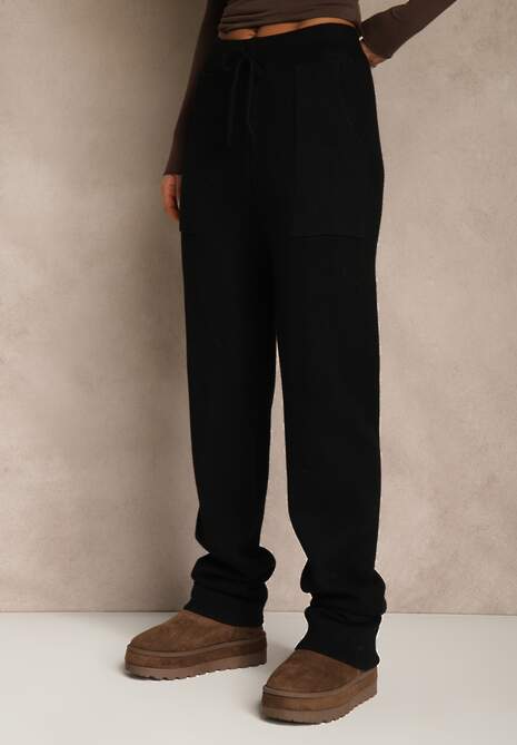 Czarne Spodnie z Wełną ze Sznurkiem i Ozdobnymi Kieszeniami Moneressa 4