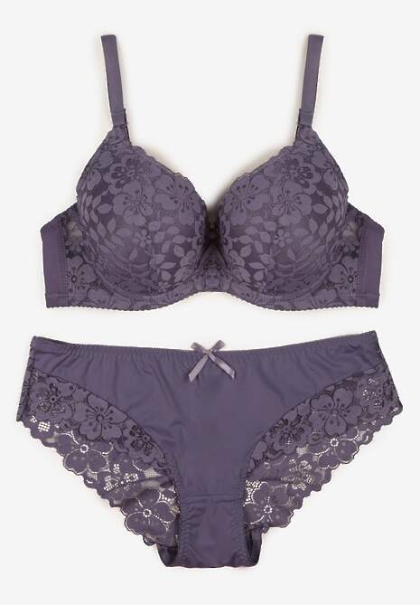 Fioletowy Koronkowy Komplet Biustonosz i Majtki Figi w Klasycznym Stylu Ezirene