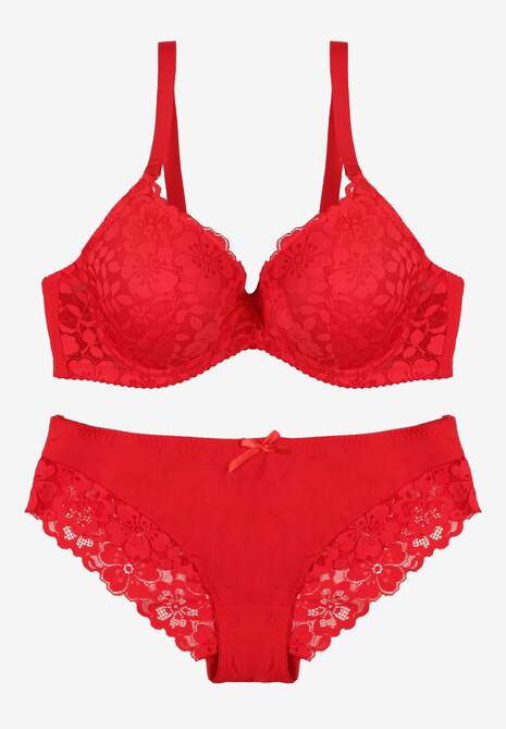 Czerwony Koronkowy Komplet Biustonosz i Majtki Figi w Klasycznym Stylu Ezirene