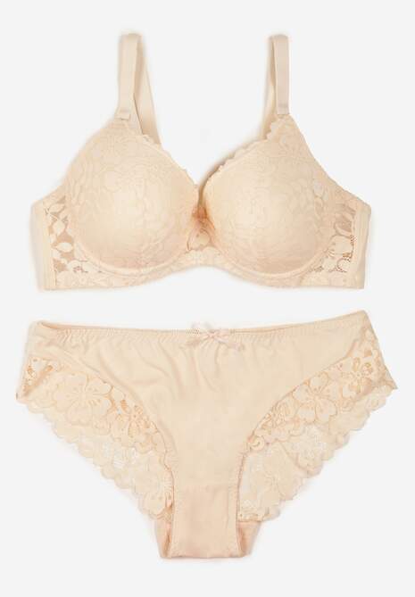 Beżowy Koronkowy Komplet Biustonosz i Majtki Figi w Klasycznym Stylu Ezirene