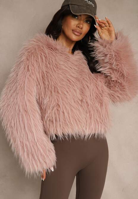 Różowa Kurtka Futerko z Kapturem i Zapięciem na Suwak Zetora 4