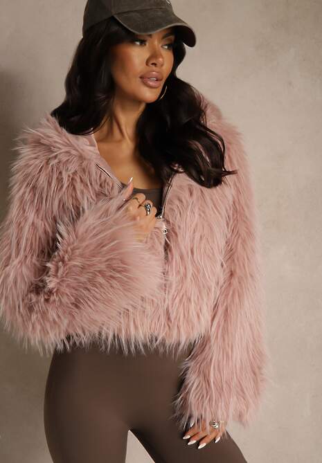 Różowa Kurtka Futerko z Kapturem i Zapięciem na Suwak Zetora