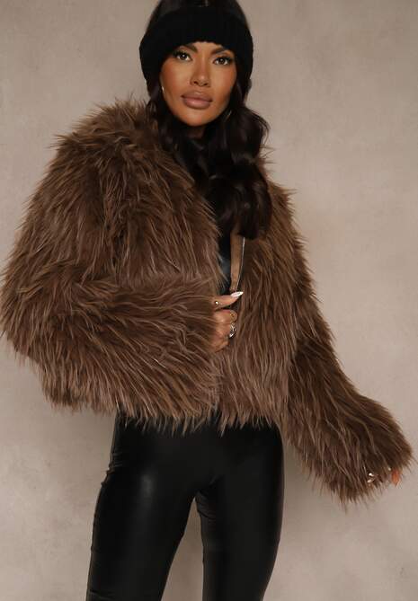 Brązowa Kurtka Futerko z Kapturem i Zapięciem na Suwak Zetora 4