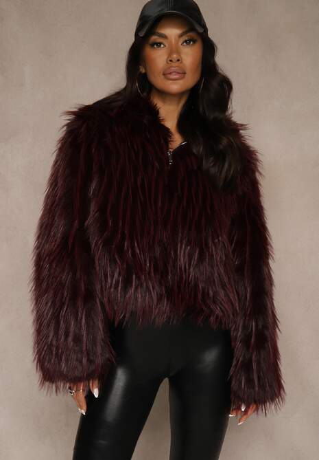 Bordowa Kurtka Futerko z Kapturem i Zapięciem na Suwak Zetora 4