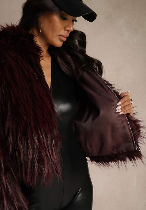 Bordowa Kurtka Futerko z Kapturem i Zapięciem na Suwak Zetora 5