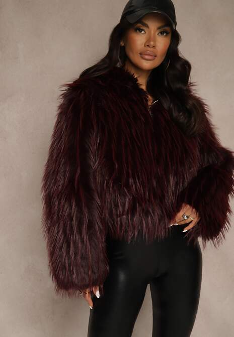 Bordowa Kurtka Futerko z Kapturem i Zapięciem na Suwak Zetora