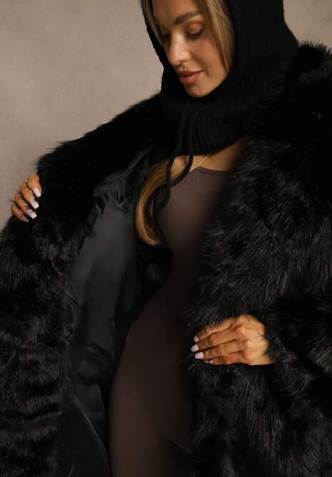 Czarny Płaszcz Futro o Jednorzędowym Kroju z Szerokim Kołnierzem Aweda 5