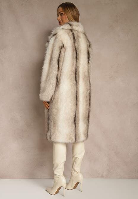 Biały Płaszcz Futerko o Prostym Kroju z Szerokim Kołnierzem Ezilana 4