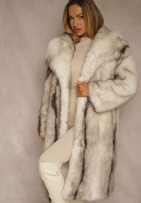 Biały Płaszcz Futerko o Prostym Kroju z Szerokim Kołnierzem Ezilana 4