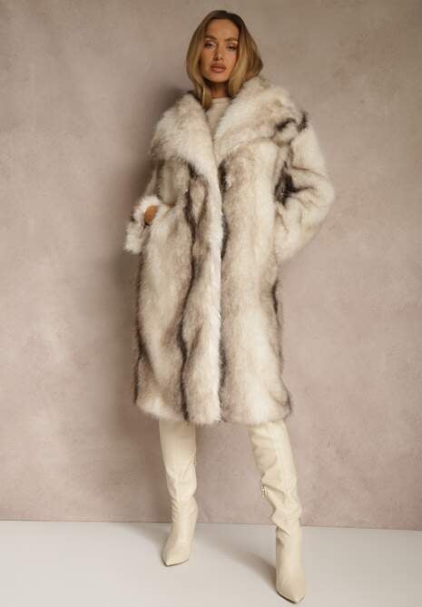 Biały Płaszcz Futerko o Prostym Kroju z Szerokim Kołnierzem Ezilana