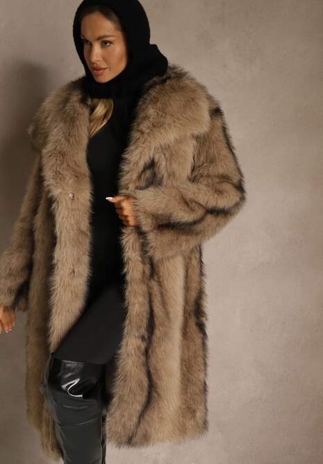 Brązowy Płaszcz Futerko o Prostym Kroju z Szerokim Kołnierzem Ezilana 4