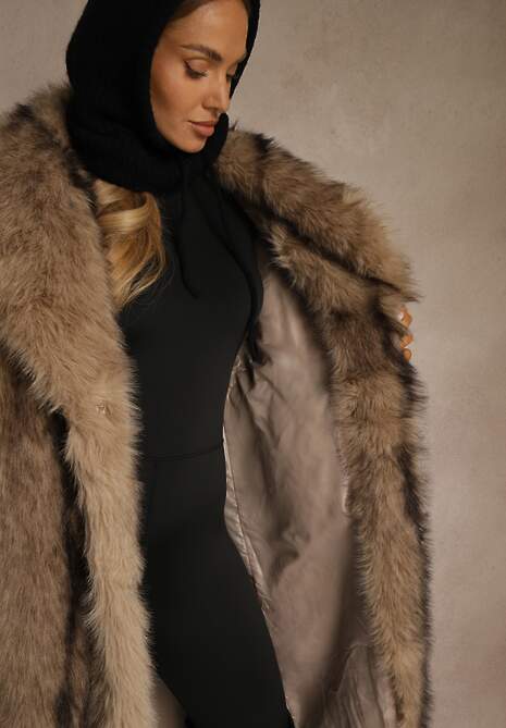 Brązowy Płaszcz Futerko o Prostym Kroju z Szerokim Kołnierzem Ezilana 5