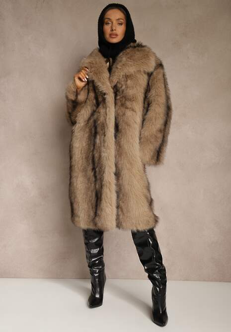 Brązowy Płaszcz Futerko o Prostym Kroju z Szerokim Kołnierzem Ezilana