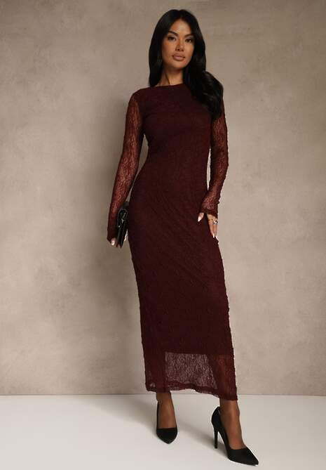 Bordowa Koronkowa Sukienka Typu Longsleeve o Dopasowanym Kroju Zenoresa