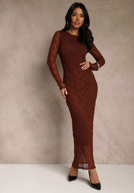 Brązowa Koronkowa Sukienka Typu Longsleeve o Dopasowanym Kroju Zenoresa 4