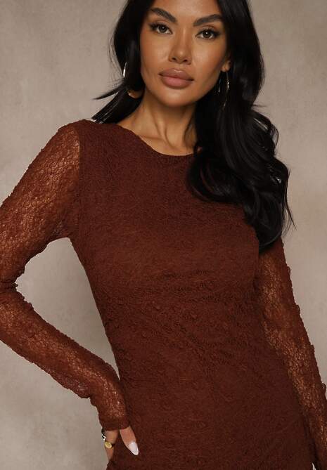 Brązowa Koronkowa Sukienka Typu Longsleeve o Dopasowanym Kroju Zenoresa 5