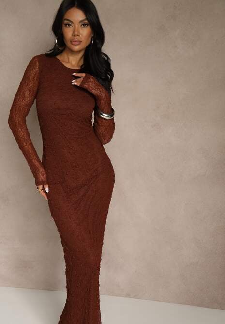 Brązowa Koronkowa Sukienka Typu Longsleeve o Dopasowanym Kroju Zenoresa