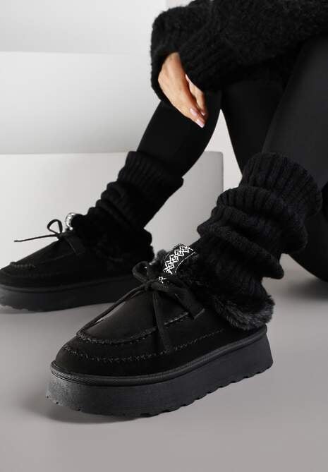 Czarne Rustykalne Śniegowce z Niską Cholewką Zdobione Futrem i Kokardą Tuspena