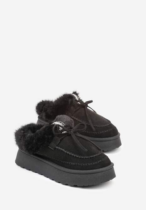 Czarne Rustykalne Śniegowce z Niską Cholewką Zdobione Futrem i Kokardą Tuspena 5