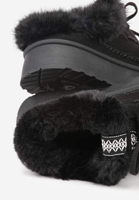 Czarne Rustykalne Śniegowce z Niską Cholewką Zdobione Futrem i Kokardą Tuspena 6