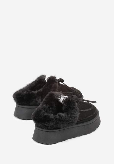Czarne Rustykalne Śniegowce z Niską Cholewką Zdobione Futrem i Kokardą Tuspena 7