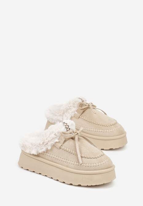 Beżowe Rustykalne Śniegowce z Niską Cholewką Zdobione Futrem i Kokardą Tuspena 5
