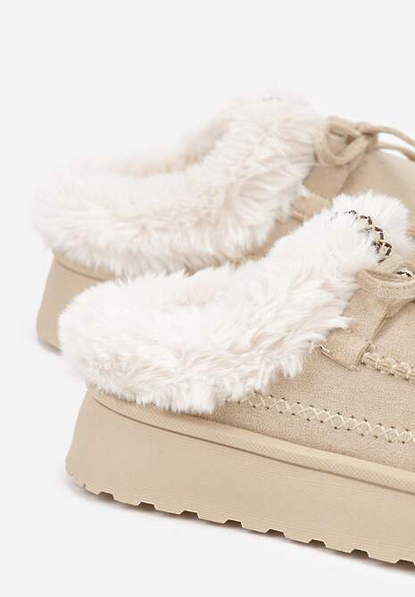 Beżowe Rustykalne Śniegowce z Niską Cholewką Zdobione Futrem i Kokardą Tuspena 6