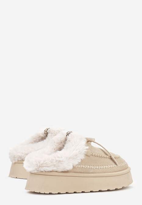 Beżowe Rustykalne Śniegowce z Niską Cholewką Zdobione Futrem i Kokardą Tuspena 7