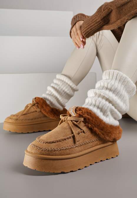 Brązowe Rustykalne Śniegowce z Niską Cholewką Zdobione Futrem i Kokardą Tuspena