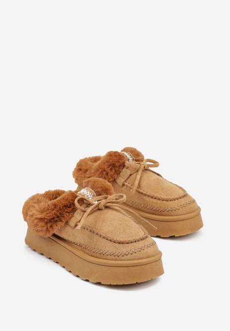 Brązowe Rustykalne Śniegowce z Niską Cholewką Zdobione Futrem i Kokardą Tuspena 5