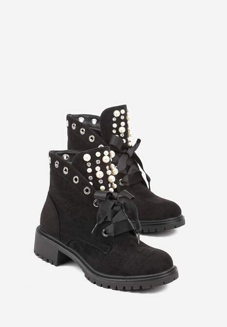 Czarne Botki z Imitacji Zamszu z Ozdobnymi Sznurówkami Perłami i Cyrkoniami Jovilda 5