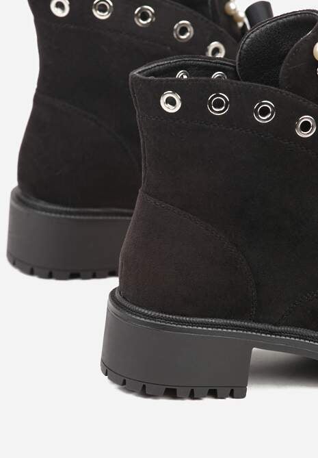 Czarne Botki z Imitacji Zamszu z Ozdobnymi Sznurówkami Perłami i Cyrkoniami Jovilda 6