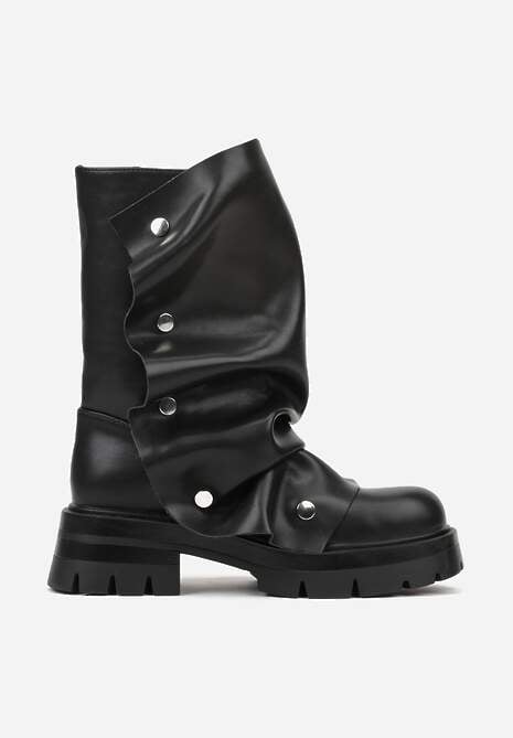 Czarne Marszczone Botki ze Zdobieniem na Napy Tusaera 4