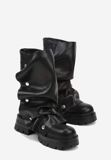 Czarne Marszczone Botki ze Zdobieniem na Napy Tusaera 5