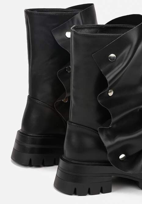 Czarne Marszczone Botki ze Zdobieniem na Napy Tusaera 6