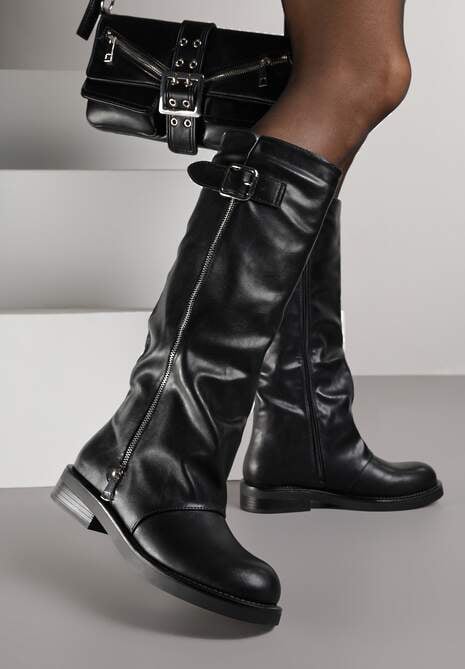 Czarne Kozaki w Stylu Bikerów z Klamrą i Suwakiem Linfara